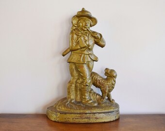 Antique Cast Iron Woodsman with Dog Doorstop, Large Outdoorsman Door Stop Iron Man with Dog Man with Ax Original Paint Rusty Rustic Doorstop