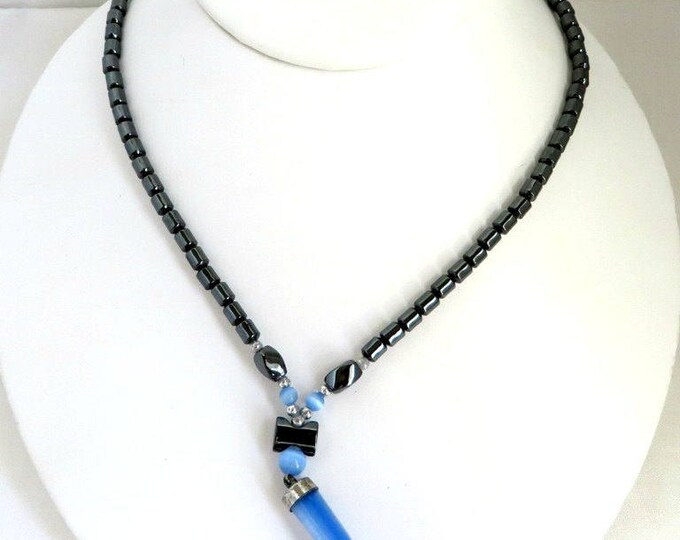 Hematite Bead Necklace, Vintage Blue Horn Pendant Black Bead Boho Costume Jewelry Gift Idea