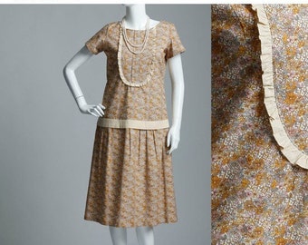 Yellow and brown floral flapper dress, 1920s cotton dress, cotton tea dress, Downton Abbey dress, Roaring 20s clo...