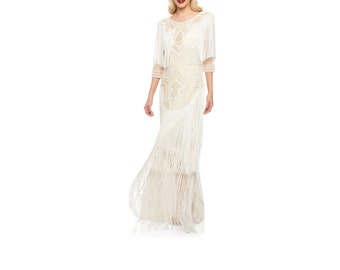 Wedding Gown Cream Glam Prom Maxi Dress with Sleeves 20s Flapper Great Gatsby Downton Abbey Bridal Shower Wedding Reception Beach Wedding