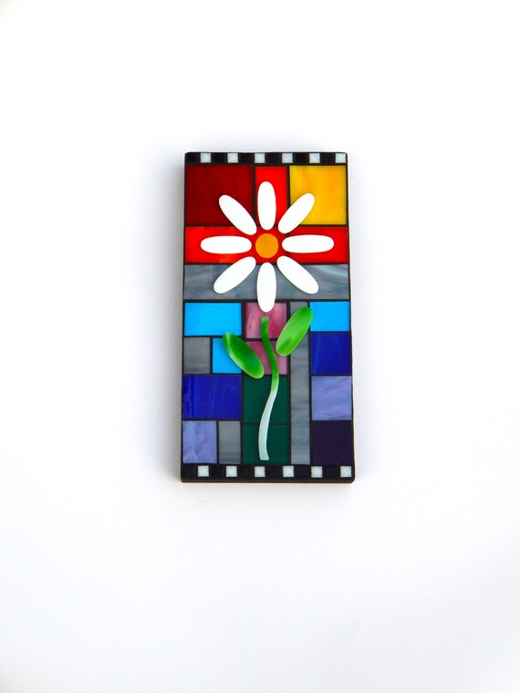 Mosaic Art Wall Panel, "Bloom", 12" x 6", Original 3D Floral + Rainbow Stained Glass Mosaic Hanging Wall Art