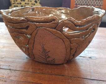 Vintage Art Brut Primitive Raw coil Pottery bowl Ceramic Ceramics pressed leaf leaves twig twigs Pine tree natural Folk Outsider self taught