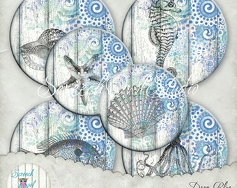 Marine Coaster Collage Sheet, Button Machine Ready 4" Coasters, Round Coasters, Paper Craft Supplies, Printable Images - 'Deep Blue'