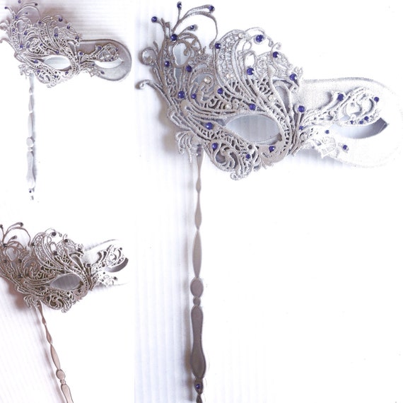 Masquerade Mask Silver and Sapphire Studded Stick Mask Stick