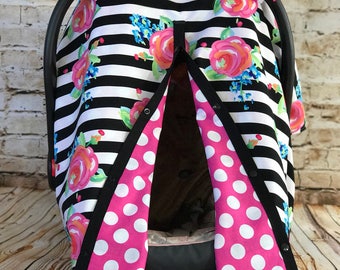 Floral Striped Baby Girl Car Seat Canopy, Roses, Infant Car seat cover, Slit Opening, Roses and Stripes CarSeat Cover, Watercolor Flowers