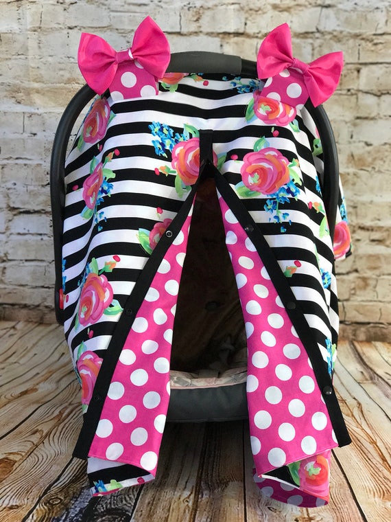 Floral Striped Baby Girl Car Seat Canopy Roses Infant Car