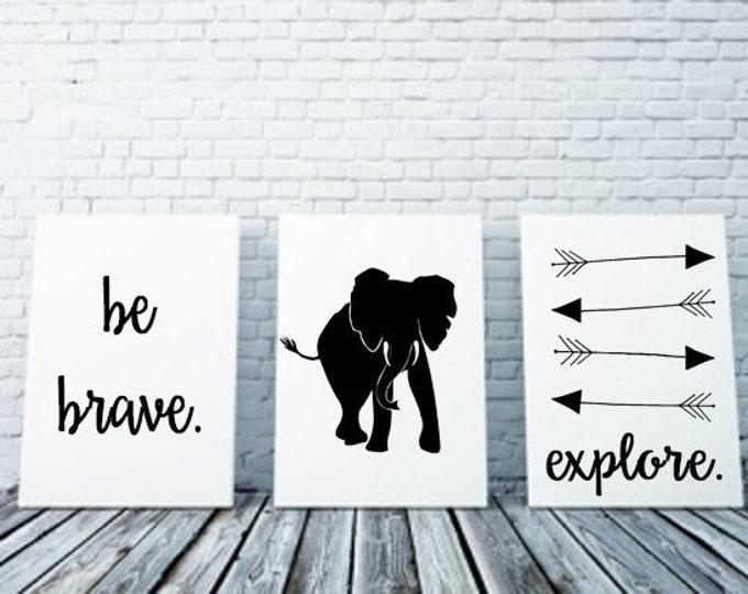 Nursery Decor "Be Brave", Elephant, "Explore" Canvas Art - Set of 3