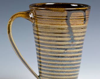 Tall Stoneware Hand Thrown Mug for Coffee, Latte, Tea, Beer, Celedon Green, Blue, Tan. 16 oz cap. Hand Thrown, Hand Pulled Handle!