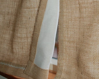 Set of Two or One Rustic, Chic Lined Burlap Cafe Curtain Panels in Natural Burlap with Hand Embroidered Hem in Custom Colors+ Custom Sizes