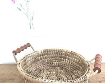 Vintage Basket with Wooden Handles / Woven Basket