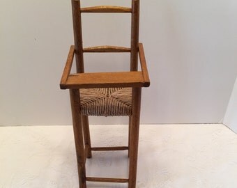 Wood and Wicker Doll Highchair ~ Rush Seat ~ Vintage