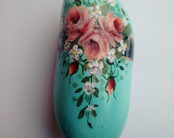 Annerley - hand-painted rock, aqua, roses, for giving and for getting, shabby chic