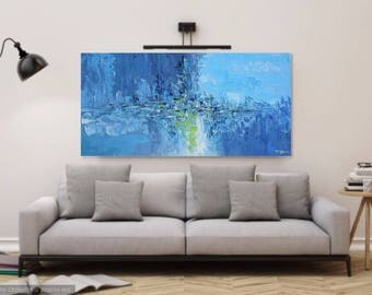 Large Abstract Original Painting, Blue Wall Art Canvas, Palette Knife Art, Impasto Textured Painting, Modern Contemporary Water Art, 48x24