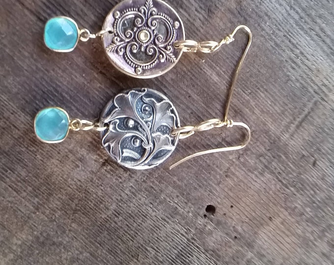 Beautiful Unmatched Vintage Buttons are the Focal Point of These Earrings with a dangle of Blue Chalcedony