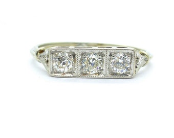 1920s art deco engagement ring 18ct white gold milgrain three stone diamond trilogy unique antique square - Art Deco Wedding Rings 1920s art deco engagement ring 18ct white gold milgrain three stone diamond trilogy unique antique square - Art Deco Wedding Rings