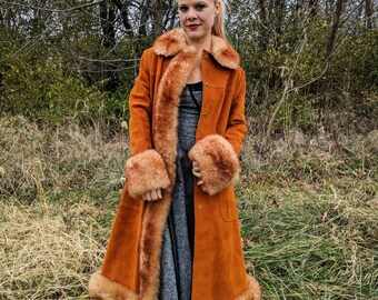 Vintage 70s 1970s Almost Famous Penny Lane suede leather sheep sherpa rust shearling fur maxi long coat jacket bohemian hippie