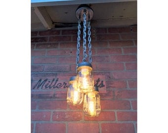 Pint Mason Jar chandelier,Rustic lighting, mini Industrial chandelier, 3 triple pendant mason jar light