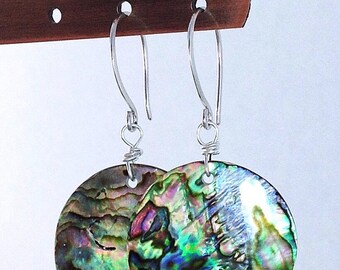 Abalone Earrings / Round Natural Paua Shell Jewelry / Sterling Silver French Hooks / Real Sea Shell Earrings