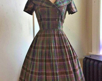 1950s Green & Purple Plaid Double Breasted Day Dress with Full Skirt