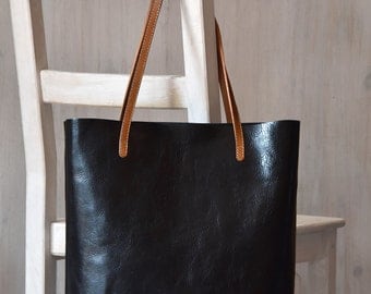 Black Leather Tote Bag – MINIMAL CHIC in Black - Medium Size Handmade Leather Tote