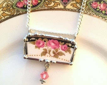 Recycled china necklace. ecofriendly jewelry, broken china jewelry necklace antique Art Nouveau pink roses