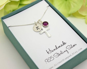 Confirmation gift for girl Sterling Silver Initial birthstone cross necklace, religious jewelry, first communion necklace
