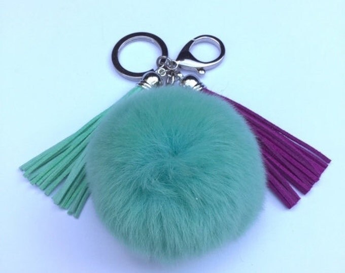 Fur pom pom keychain bag, purse pendant charm in candy green with two 3.5 inch leather tassels