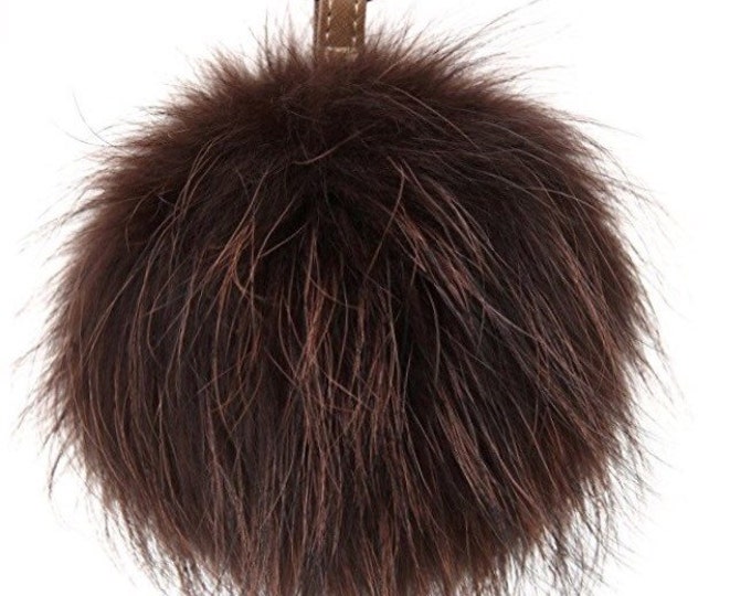 Brown with natural markings Raccoon Fur Pom Pom luxury bag pendant keychain fur ball puff