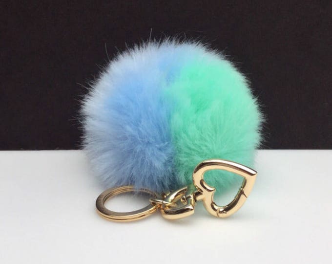 Faux Duo Light Blue Green Fur Pom Pom bag Keyring keychain pom pom fake fur ball