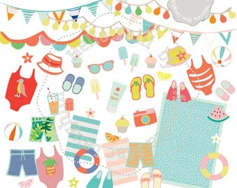 Summer Party Clip Art POOL PARTY Clipart- 45 summer clipart graphics girls boys beach party swimsuits flip flops handdrawn clipart