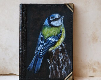 Leather passport cover Little tit bird