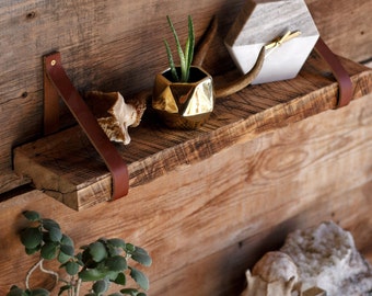 The Buffalo Shelf - Barn Wood Hanging Shelves - Leather Strap Reclaimed wood - Rustic wall Bookshelf - Floating Shelves