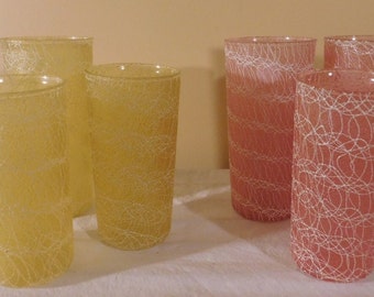 Vintage Glassware Pink Swirl Yellow Swirl Water Glass Tumbler Juice Glass