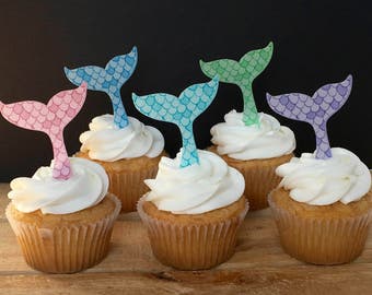 Mermaid Tail Under the Sea Party, Thin Edible Paper Cupcake Toppers, Wafer Paper, Food Safe, Please Read Item Details for more information