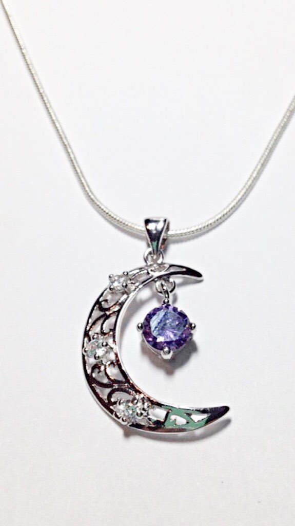 Amethyst And Rhinestones Half Moon Pendant Necklace