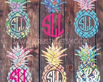 Lilly Pulitzer inspired pineapple monogram decal, yeti cooler monogram decal, laptop decal, Car decal. measures in height.
