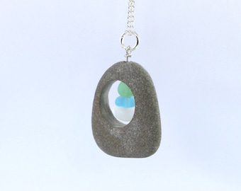 sea glass necklace beach glass pendant stone stack necklace natural rock necklace cairn necklace beach stone jewellery sea glass stack charm