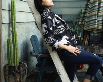Vintage Black&White Horse Tapestry Jacket w/ Fringe