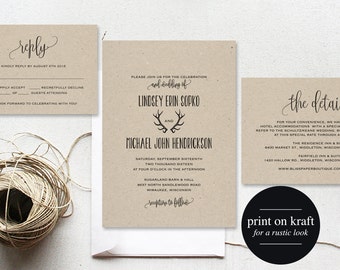 Rustic Wedding Invitation, Antler Wedding Invitation, Wedding Template, Invitation Set, Wedding Printable, PDF Instant Download #BPB289_1