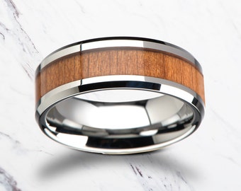 Beveled Real Cherry Wood Tungsten Wood Ring with Polished Edges - 6mm to 12mm Available - Lifetime Size Exchanges