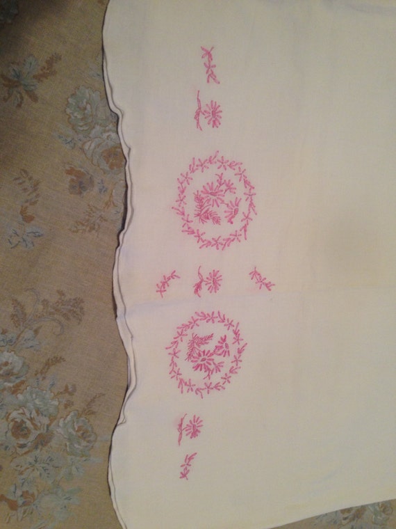 Vintage Pink Embroidered Pillow Cases Cotton Bed Linens Pink