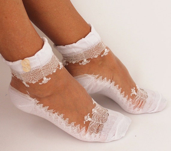 Lace Ankle Socks womens socks with vintage pearl buttons One