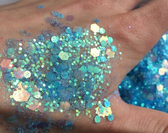 Chunky mermaid blue holographic mini festival face / hair glitter mix
