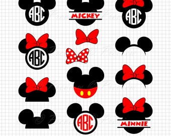 Buy 2 Get 1 Free! Digital Clipart Mickey Mouse Head Monogram, circle frames, heads, ears, red, black images png/eps/svg/dxf/studio cut files