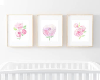 Nursery set, set of three prints, watercolor flowers, peony nursery, peony watercolor, girl nursery, shabby chic nursery, peonies, nursery