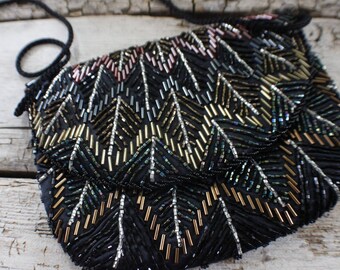 vintage wedding purse / clutch, black, gold, copper, beaded clutch, beaded formal bag, gift for her, vintage beaded evening bag, gold chain