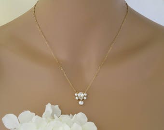 Simple gold wedding necklace, Swarovski crystal and pearl bridal necklace, Petite Art Deco necklace, Bridesmaid necklace