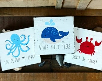 Nautical bathroom wall decor, set of 3, whale, octopus, crab. under the sea creatures, bathroom decor, Hand painted, rustic, wood plaque