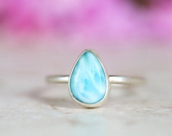 Larimar Ring, Blue Gemstone Ring, Larimar Pear Shape Silver Ring