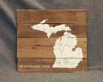 State of Michigan Reclaimed Wood Pallet wall Art Gift Hand